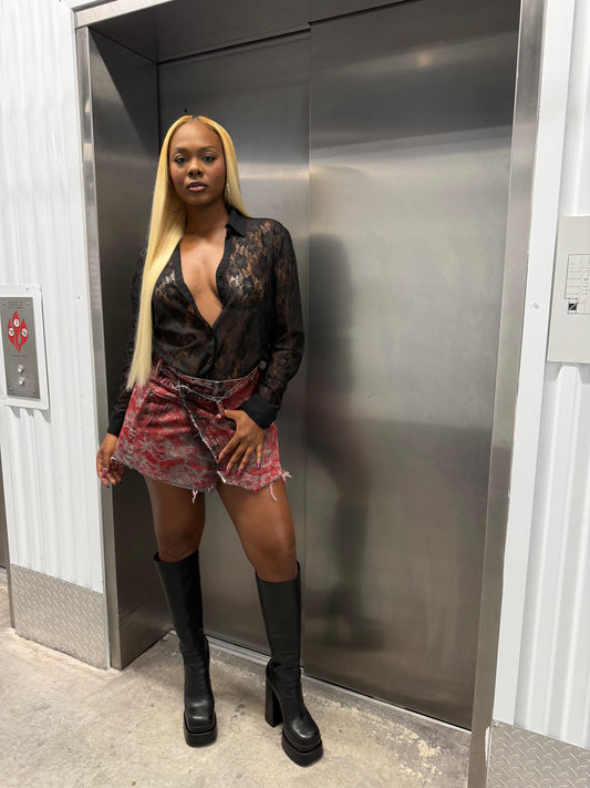 Red Lace Denim Wrap Skirt