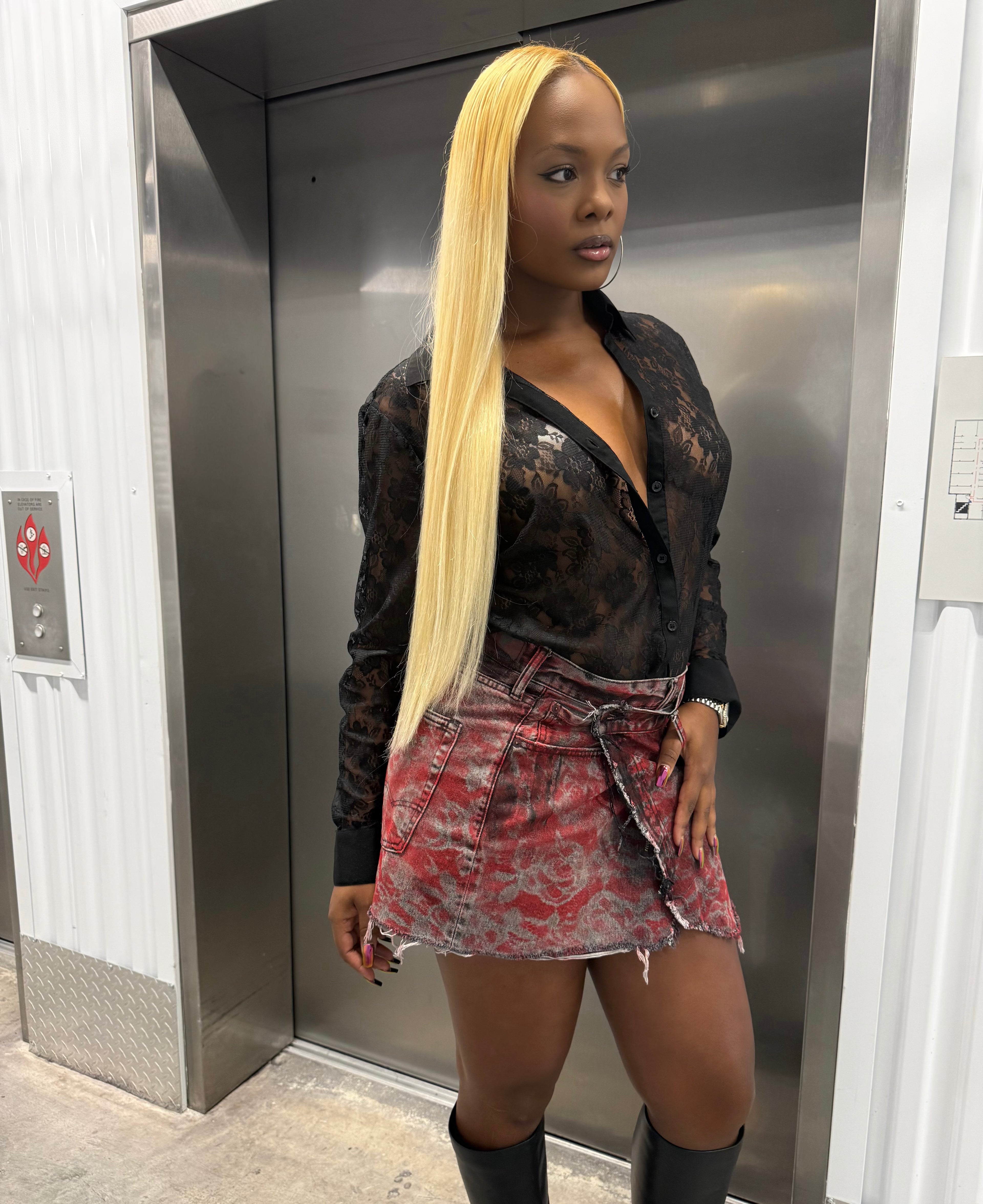 Red Lace Denim Wrap Skirt