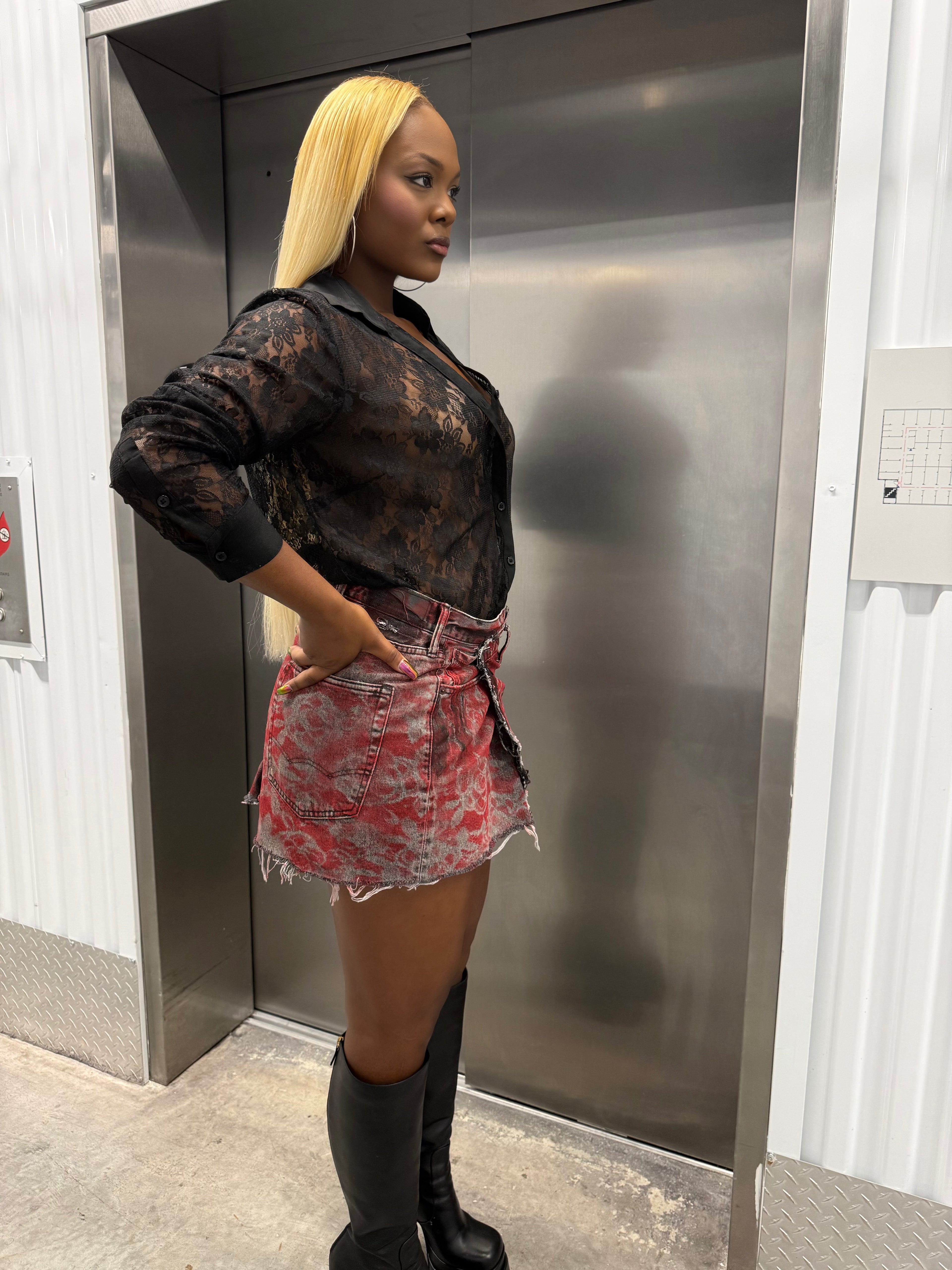 Red Lace Denim Wrap Skirt